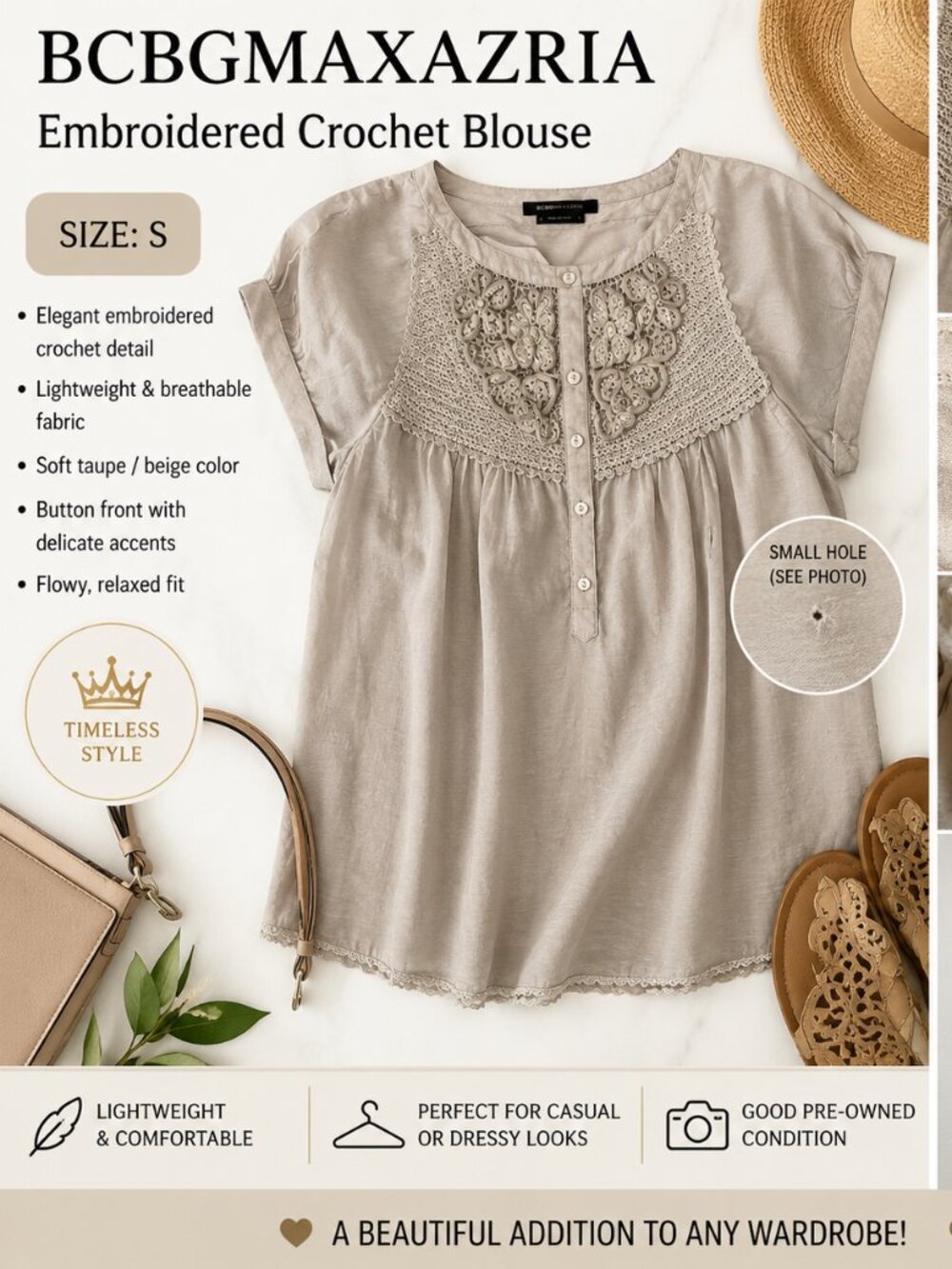 BCBGMaxAzria Beige Crochet-Yoke Short Sleeve Blouse